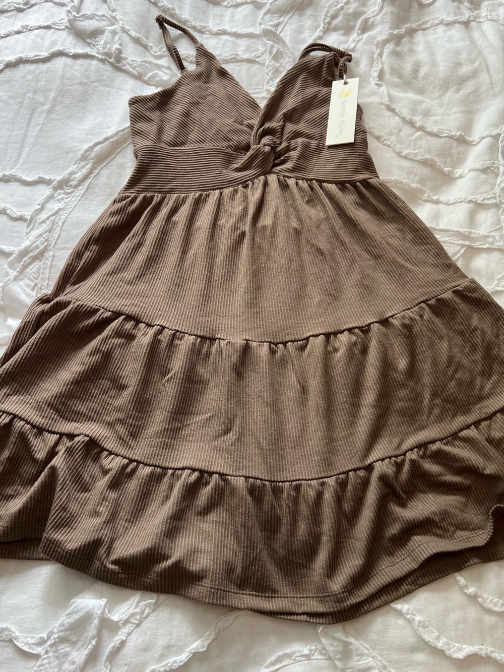 Ocean Drive Brown Ribbed Twist Front Spaghetti Strap Dress